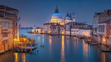 Naklejka premium Venice at night with glowing lights along the Grand Canal, panoramic view showcasing the beauty of Venetian architecture.