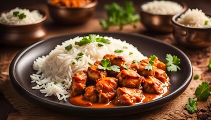 Chicken tikka masala with basmati rice on wooden table
