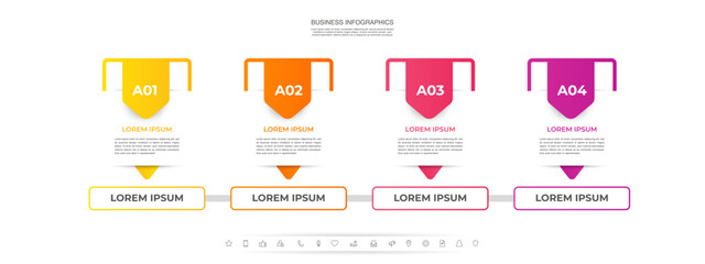 Business vector infographics. Informational table with four arrows, steps, options. Template progress bar with 4 arrow-like elements. Clean and modern infographic design