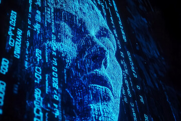 The image presents a frontal shot of a screen filled with neon blue code in ASCII style, creating the outline of a human face