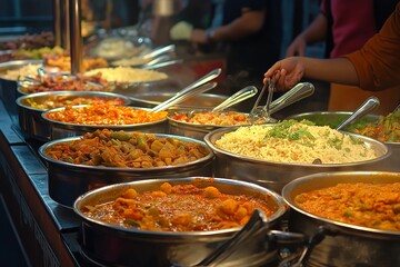 Obraz premium A buffet showcasing a wide arrangement of colorful vegetarian Indian dishes, perfect for an indulgent culinary experience.