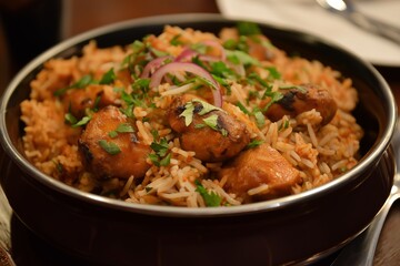 Fototapeta premium Rich and flavorful chicken biryani with herbs and spices, served steaming in a traditional bowl, invites a delicious meal.