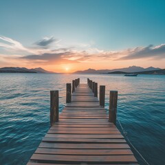 Fototapeta premium A tranquil dock leads into calm waters, basking in the golden glow of a stunning sunset over distant mountain ranges.