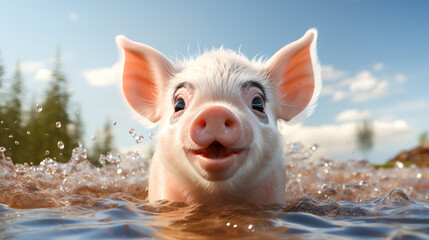 A Cartoon Piglet in a Cute Farming Scene.Small Piggy