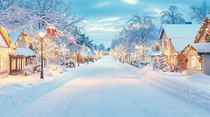 Snowcovered village with twinkling holiday lights, festive winter evening