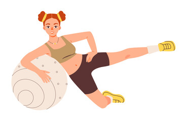 Woman engaged in a diverse workout routine with a fitness ball. Wellness, resilience, and gym. Flat vector illustration