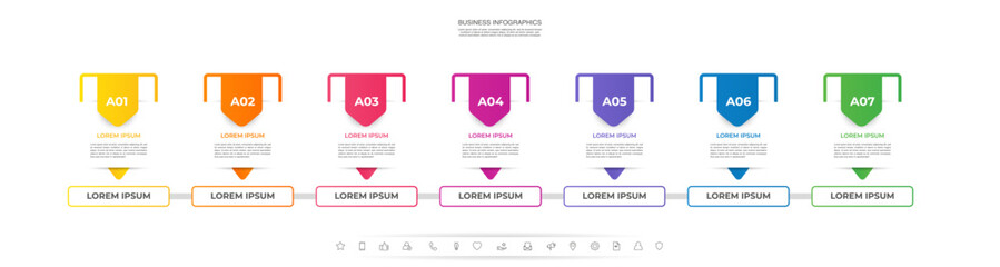 Business vector infographics. Informational table with 7 arrows, steps, options. Template progress bar with 7 arrow-like elements. Clean and modern infographic design