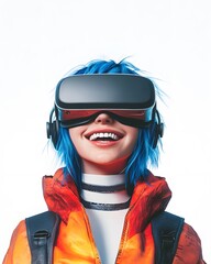 Happy Woman Wearing VR Headset  Immersive Technology  Digital World  Futuristic
