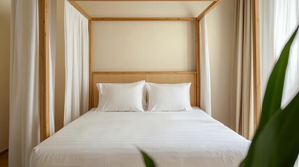 Bamboo canopy bed, neutral bedroom, airy curtains, white bedding, plants, soft lighting, tranquil space, eco-friendly, minimalist and warm