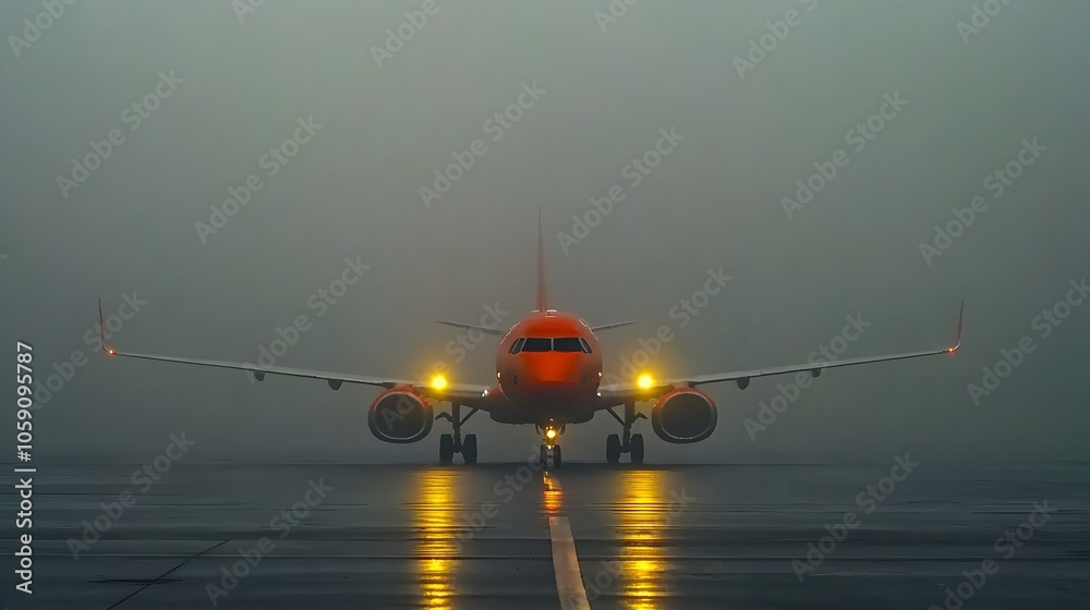 Poster Grounded Airplane on Foggy Tarmac Symbolizing Travel Delay and Disruption in Transportation  The Image Depicts a Lone Aircraft Stranded on the Empty Airport Runway in Moody Atmospheric Conditions