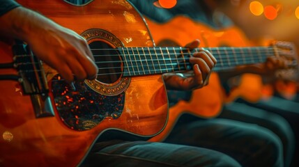 Obraz premium closeup hand musician playing acoustic guitar.concept for live music background,Music festival.Instrument on stage.low key tone