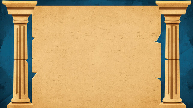 Ancient Parchment Scroll Between Pillars: A timeless design featuring a weathered parchment scroll nestled between two majestic ancient pillars, set against a deep teal background.