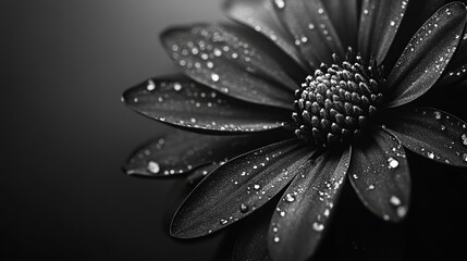 Black and White Macro of Flower Petals with Water Droplets Highlighting Elegance, Simplicity, and Natural Beauty. 