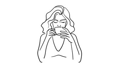 Girl enjoy and drink coffee continuous line art drawing isolated on white background. Cafe line art. Vector illustration	