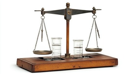 Analytical balance with precision weights, alongside glass beakers and graduated cylinders, detailed lab equipment