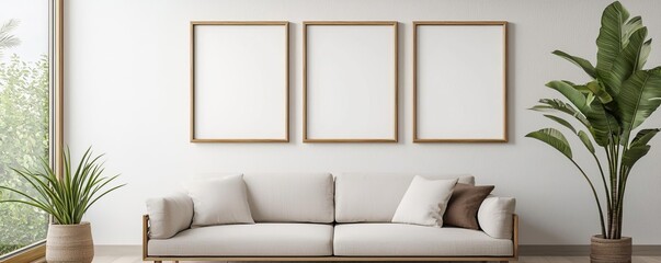 Bamboo photo frames, minimalist living room, soft lighting, natural textures, earth tones, serene ambiance, eco-conscious design, peaceful vibe
