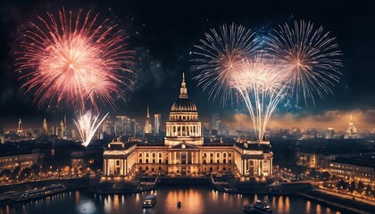 New year 2025 celebration concept with fireworks. Suitable for marketing or business purposes. Panoramic banner with place for text