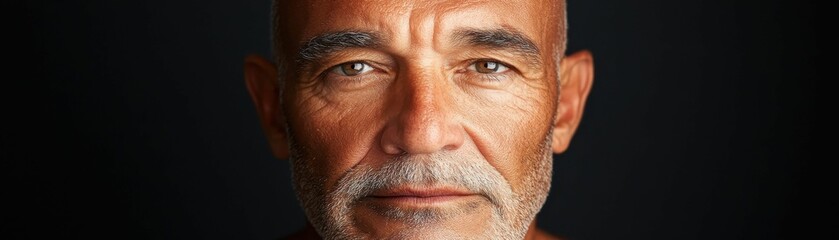 Obraz premium A man with a beard and gray hair is looking at the camera. The concept of hope, man and darkness.