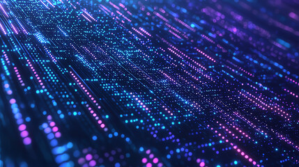 Glowing dots and lines in a cascading digital matrix, intense blues and purples, high-tech cyber vibe, abstract composition with a sleek and futuristic feel. space for text
