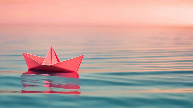 Pink Origami Paper Boat Floating on Calm Water Under Soft Sunset Sky - Tranquil Minimalist Scene Symbolizing Peace, Serenity, and Simplicity