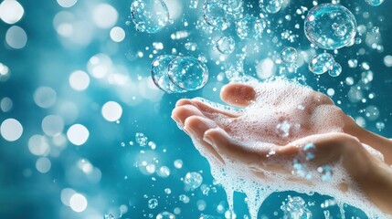 Fototapeta premium Soapy hands amidst sparkling bubbles and foam