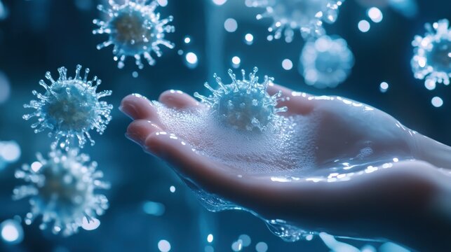 Close-up of hands with viruses highlighting sanitation
