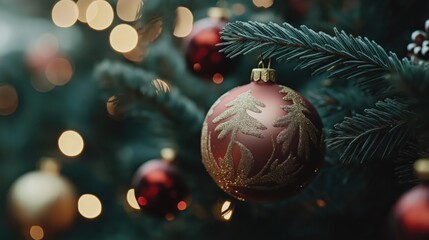 A vibrant red ornament dangles from the branches of a beautifully decorated Christmas tree, surrounded by warm, twinkling lights and a magical winter ambiance.