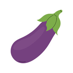 A fresh purple eggplant with green leaves isolated against a white background