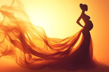 Fototapeta premium The image features a glowing, pregnant woman in an elegant, flowing dress with a long, sweeping tail, creating a look of grace and sophistication