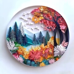 Whimsical 3D Paper Quilling of Four Seasons in Pastel Colors on White Background