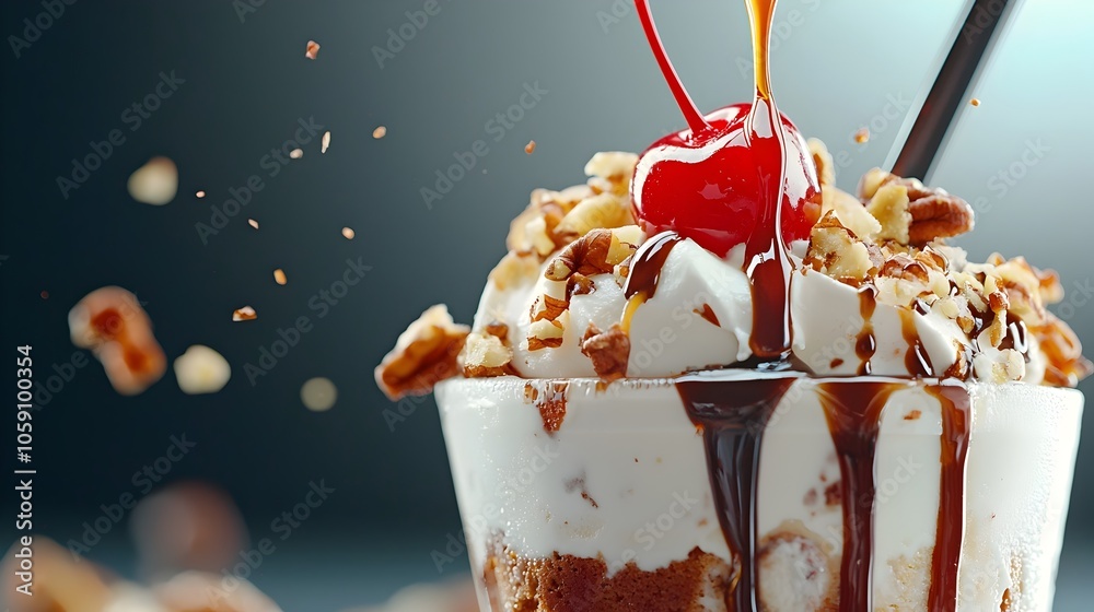 Wall mural macro close up shot of a decadent ice cream sundae drizzled with rich gooey chocolate syrup topped w