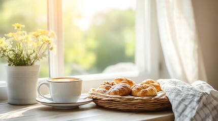 Warm morning light streams through a window, illuminating a cozy setup with coffee and freshly baked croissants in a wicker basket.