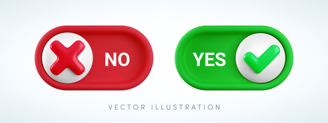 Vector cartoon 3d yes and no switch button set. Cute realistic 3d toggle switch sliders with green yes checkmark and red cross icon. Setting toggle design element for mobile app interface, web.