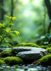 Natural Stone Platform with Green Background for Zen-Inspired Product Display