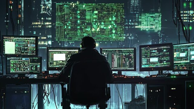 A hacker sits at a computer in a dark room, working late at night