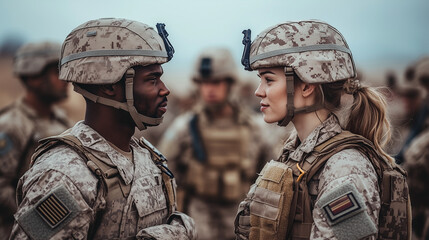 Fototapeta premium Military Camaraderie: A captivating portrait of two soldiers, a man and a woman, locked in a gaze of mutual respect and shared purpose. Their faces, etched with determination.