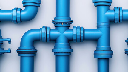 Close-up view of intersecting blue industrial pipes against a light background showcasing plumbing infrastructure and design complexity.