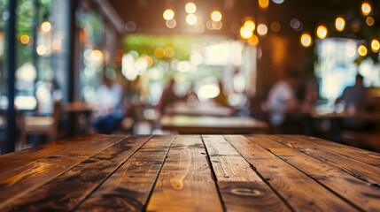 Wood Table Top with Blur of People in Coffee Shop or Cafe/Restaurant Background