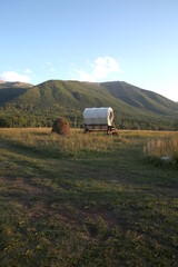 Wagon and haystack in the field, covered road cart, old cart