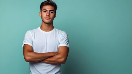 Fototapeta premium Full Body Portrait of a Determined Young Latino Man Wearing a Casual T Shirt and Jeans Posing With Arms Crossed Against a Plain Sage Green Background In a Lighting Studio Setup