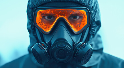 Close up of scientist wearing protective gear, focused and determined in laboratory setting. vibrant orange goggles contrast with dark suit, emphasizing safety and precision