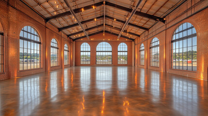 Fototapeta premium Industrial Chic: A sprawling, airy event space boasting exposed brick walls, towering arched windows, and gleaming concrete floors, perfect for a modern, industrial-inspired wedding or event.