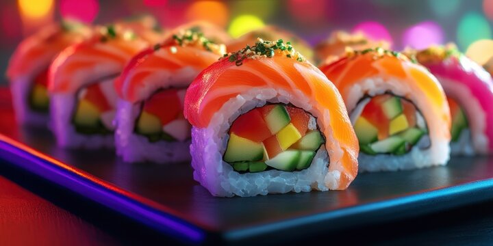 a plate of sui rolls with cus and avocas