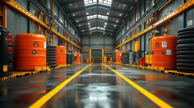 Industrial Warehouse Interior: A long shot perspective of a vast and spacious industrial warehouse.
