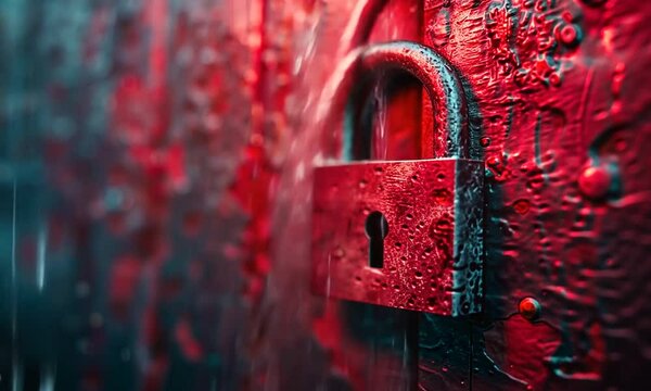 Closeup of a padlock on a red metal surface with water droplets.