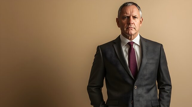 Portrait of a Serious Middle aged Businessman in a Charcoal Suit and Burgundy Tie Frowning Thoughtfully on a Beige Background with Controlled Studio Lighting