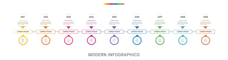 Business vector infographics with 9 circles and arrows. Timeline visualization with nine steps for diagram, flowchart, banner, presentations, web, content, levels, chart, graphic