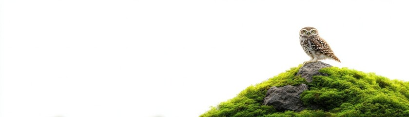 Fototapeta premium Owl perched on a mossy rock against a white background.