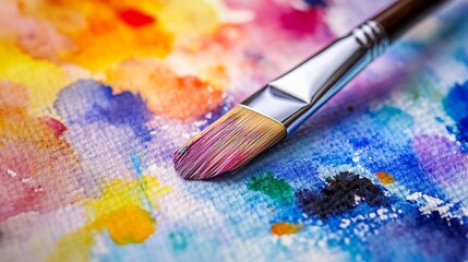 Obraz premium Vibrant paintbrush resting on a colorful canvas, bristles dipped in multiple hues, ready to create art. Close-up view showcases texture and creativity in action.