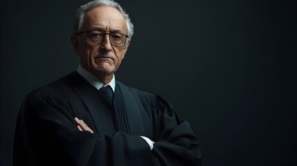 Fototapeta premium A full body shot of a respected judge dressed in formal judicial robes frowning sternly and exuding an air of authority and resolve against a plain slate gray studio background
